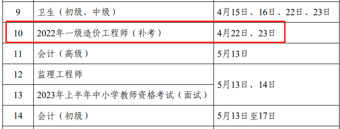 2022年一造补考时间