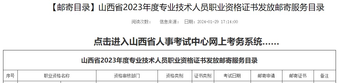 山西省2023年度专业技术人员职业资格证书发放邮寄服务目录